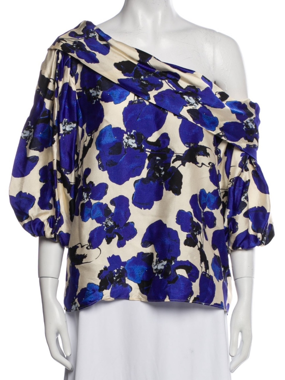 Tanya Taylor Off-Shoulder Royal Blue and Cream Puff Sleeve Top